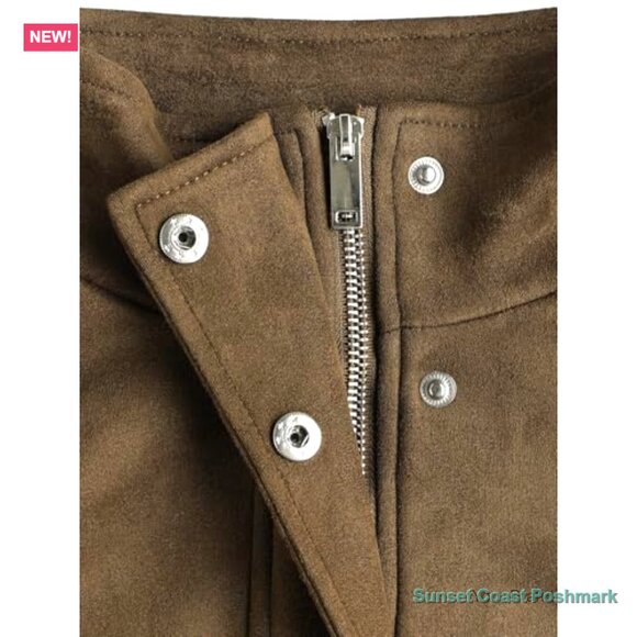 Faux Suede Bomber Jacket Cropped High Neck Zipper Outerwear - Picture 5 of 7